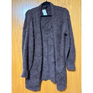 Express Fuzzy Knit Cardigan Sweater Brown‎ Sparkle Open Front Casual Medium
